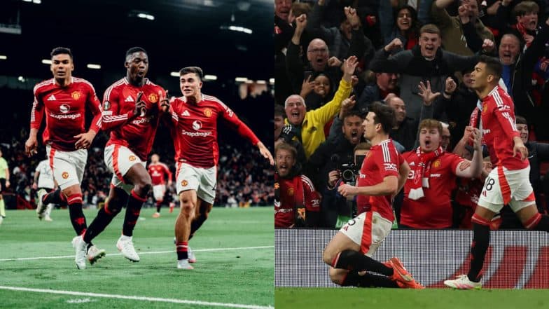 Manchester United 5–4 Lyon (7-6 Aggregate) UEFA Europa League 2024–25: Harry Maguire's Late Strike Helps Red Devils Enter Semi-Finals With Victory in Old Trafford Thriller