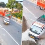 Pilibhit Road Accident Caught on Camera: Reckless Van Driver Triggers Multi-Vehicle Crash, Biker Injured; Video Goes Viral