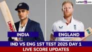 IND 27/0 in 10 Overs | India vs England Live Score Updates of 1st Test 2025 Day 1: Brydon Carse Hits Yashasvi Jaiswal With Quick Delivery
